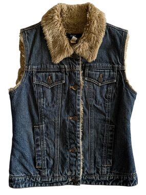 VTG Y2K Gap Women's Denim Vest Faux Fur Lined Size Small Sherpa Boho Festival